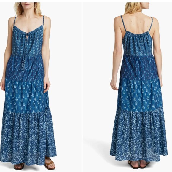 Faherty Sun Chaser Tiered Maxi Sundress Sunburst Mix Blue Size L - Picture 1 of 9